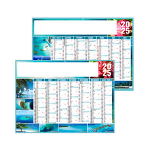 Le calendrier publicitaire d'entreprise bancaire EXOTIC, avec de belles photographies de rivages, de fruits et perroquet Ara macaro rouge,.... pour le repos et la détente, en Polynésie Française en Thaïlande,, au tarif T 23 avec 14 calendriers à ce barème.