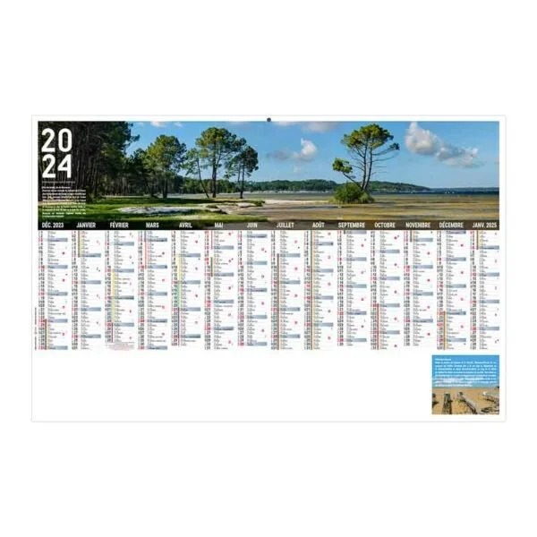 Calendrier publicitaire bancaire planning aquitain 14 mois avec une photographie panoramique de de bord de mer avec pins.