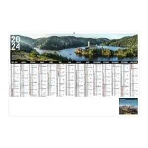 Calendrier publicitaire bancaire planning auvergnat 14 mois avec une photographie panoramique d'un lac d'Auvergne.