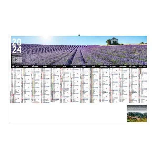 Calendrier publicitaire bancaire planning azuréen 13 mois avec une photographie panoramique d'un champ de lavande en Provence avec un chapelle.