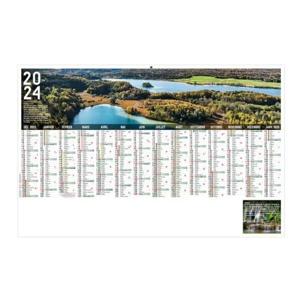 Calendrier publicitaire bancaire planning jurassien 14 mois avec une photographie panoramique d'un lac et de bois, avec une légende explicative.