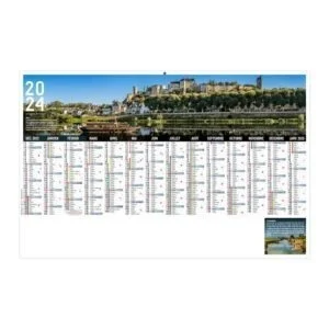 Calendrier publicitaire bancaire planning 2024 val de Loire avec 14 mois avec une photographie panoramique d'une vue aérienne d'une ville au bord de la Loire, avec une légende explicative.