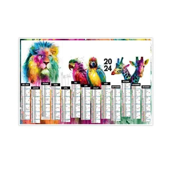 Calendrier publicitaire bancaire planning Pop'art 13 mois avec photographies de lion, perroquet et girafe aves pelage de teinté avec couleurs vives