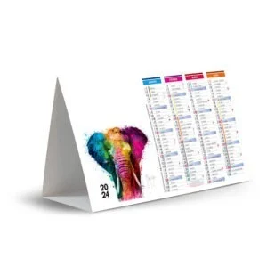 Calendrier publicitaire chevalet de comptoir animal pop'art 2024 avec photographies d'un éléphant peint de couleurs vives, 1er quadrimestre de l' année 2024