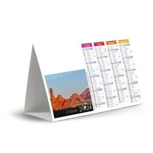 Calendrier publicitaire chevalet de comptoir destinations lointaines 2024 avec photographies de voyages sur notre planète 1er quadrimestre de l' année 2024