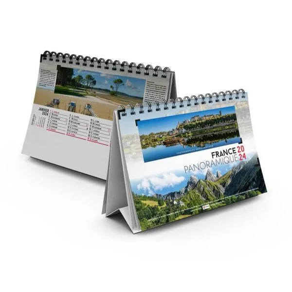Calendrier chevalet standard France panoramique avec 13 feuillets 2024, avec photographies de paysages panoramiques de la France.
