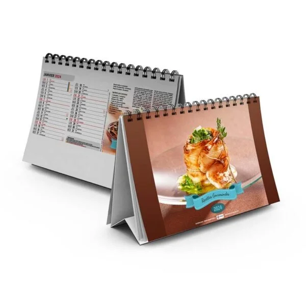 Calendrier publicitaire chevalet standard recettes gourmandes avec 13 feuillets 2024, avec photographies de plats avec leurs recettes.