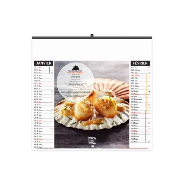 Calendrier publicitaire en feuilles économique de 6 feuilles reliure baguette, plats et dessert mois janvier et février 2024 avec photographies de plats et de leur recette