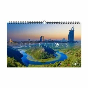 Calendrier publicitaire illustré 13 feuilles, destinations, avec 13 photographies panoramiques de destination lointaines à visiter dans le monde, page de garde 2024