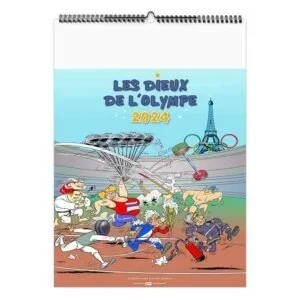 Calendrier publicitaire illustré par 7 dessins humoristiques de sports olympiques à Paris en 2024