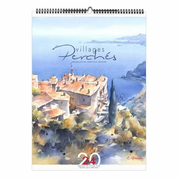 Calendrier publicitaire illustré par des reproductions d'aquarelles de villages perchés, avec deux mois par page, page de garde 2024 et 6 feuillets.